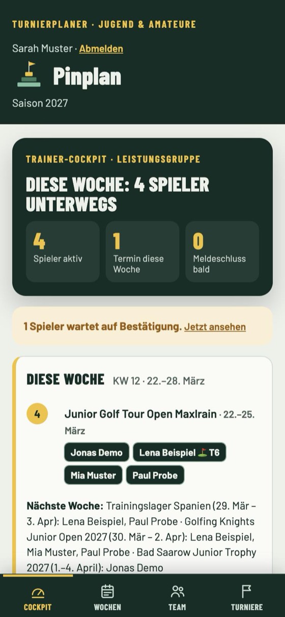Das Trainer-Cockpit von Pinplan: diese Woche vier Spieler unterwegs