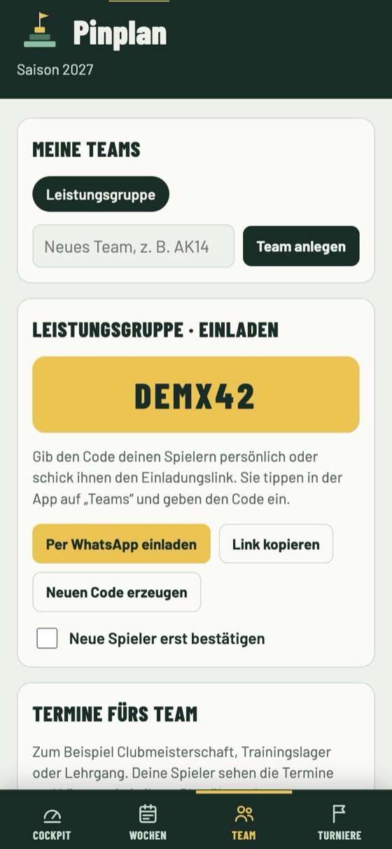 Der Trainer legt sein Team an